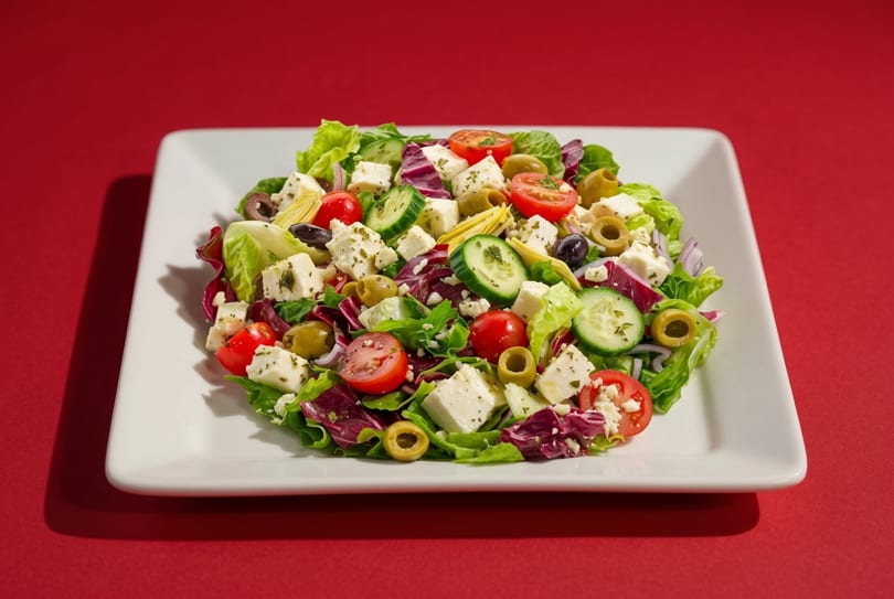 Fresh Greek salad with feta, olives, tomatoes, cucumbers, and artichoke hearts on a white plate.