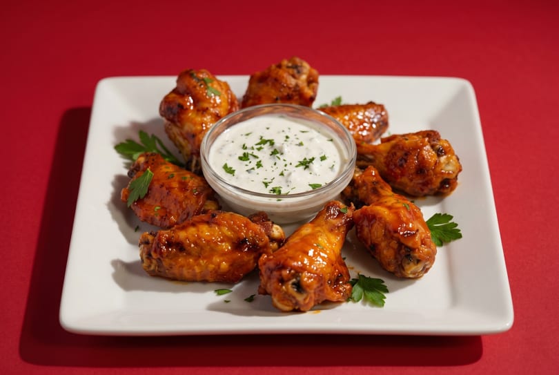A white rectangular plate of glazed chicken wings with a side of ranch dressing and parsley.