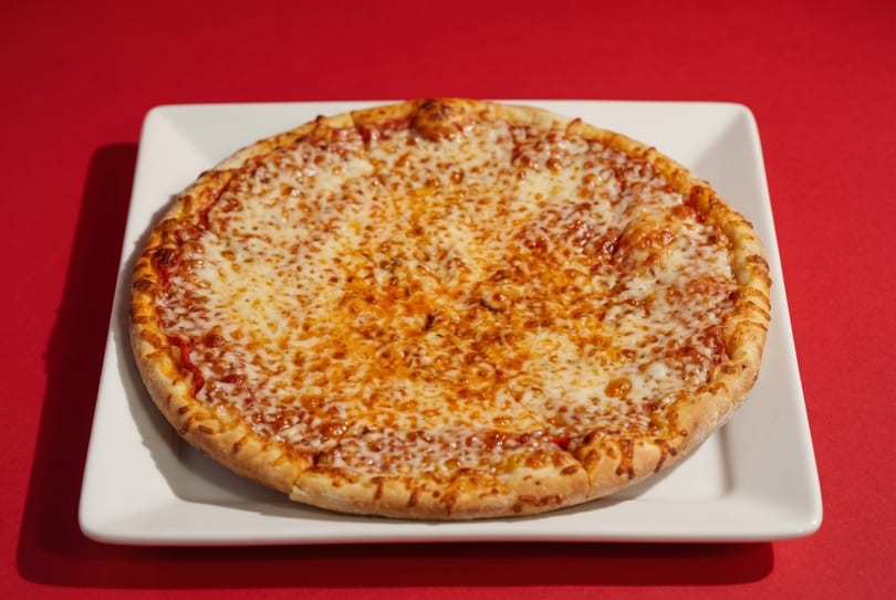 A whole cheese pizza with a golden crust on a white square plate against a red background.