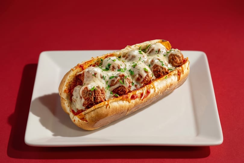 Meatball sub sandwich with melted cheese and parsley on a white rectangular plate against a red background.