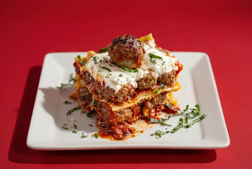 A tall, layered lasagna with meatballs, ricotta cheese, and fresh herbs on a white plate.